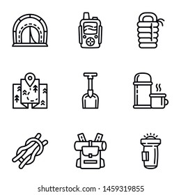 Camping equipment icon set. Outline set of 9 camping equipment vector icons for web design isolated on white background