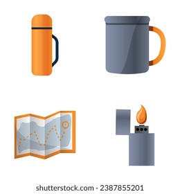 Camping equipment icons set cartoon vector. Sport orienteering. Active recreation