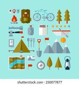 Camping equipment icons set (flat design)