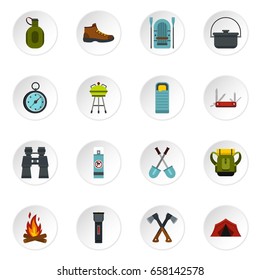 Camping equipment icons set. Flat illustration of 16 camping equipment vector icons set illustration