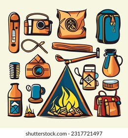 Juego de iconos de equipo de acampada. Ilustración vectorial de los iconos de los equipos de camping.