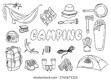 Camping equipment illustration featuring a backpack, tent, flashlight, hammock, and various outdoor gear arranged around the word CAMPING in a playful font