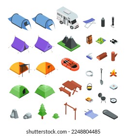 Camping equipment illustrations features items commonly used for camping and outdoors activities.