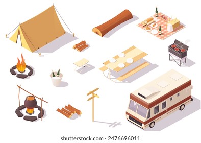 Camping equipment including tent, campfire, picnic setup, and RV on a white background. Vector illustration. 3D Illustration