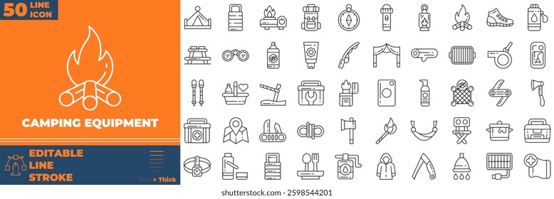 Camping Equipment Line Editable Icons set. Vector illustration in modern thin line style of camping equipment icons: Camp, Outdoor, Travel, Adventure, etc