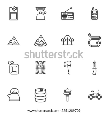 Camping equipment line icons set, outline vector symbol collection, linear style pictogram pack. Signs, logo illustration. Set includes icons as axe, knife, walkie-talkie, radio, burner, matches