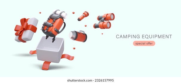 Campingausrüstung. Geöffnete Geschenkbox mit Band mit Schleife verbunden. 3D roter Rucksack, Thermoskanne, Taschenlampe, Ferngläser. Bonusse für Stammkunden. Preisverleihung unter Käufern. Verkaufswerbung