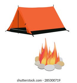 Camping equipment orange camping tent, campfire with stones vector illustration. Camping gear icon set