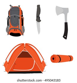Camping equipment orange camping tent, travel backpack, knife and axe with black handle vector illustration. Camping gear icon set