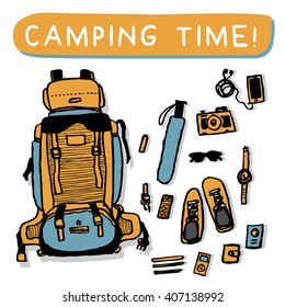 Camping Equipment Outdoor Elements (doodle vector illustration)