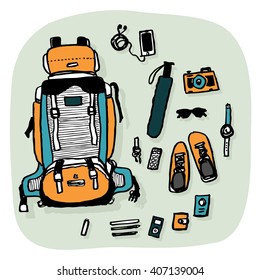 Camping Equipment Outdoor Elements (doodle vector illustration)