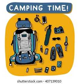 Camping Equipment Outdoor Elements (doodle vector illustration)