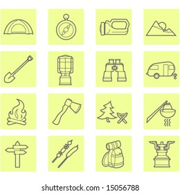 Camping equipment and outdoor travel icons set