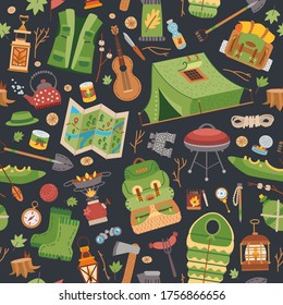 Camping equipment pattern. Vector seamless background with autumn hiking forest elements. Tourist theme.