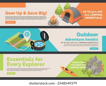 Camping equipment sale web banner landing page design template set isometric vector illustration. Summer outdoor adventure expedition exploration map tent compass boat online shop store