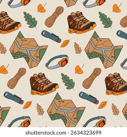 Camping Equipment Seamless Pattern. Hiking Outdoor Adventure Background. Map, boots, rope, head flashlight, leaves. Vector Illustrations.