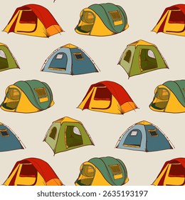 Camping Equipment Seamless Pattern. Outdoor Adventure Background. Camping Tent. Vector Illustrations.