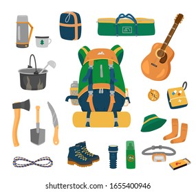 Camping Equipment Set. Backpack, Tent, Sleeping Bag, Thermos, Utensils,  Tools, Rope, Hiking Boots, Flashlight, Mosquito Repellent, Headlamp, Matches, Compass, Socks, Hat, First Aid Kit, Guitar. Vector