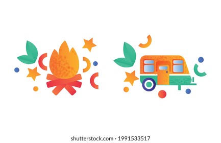Camping Equipment Set, Burning Bonfire and Travel Trailer Flat Vector Illustration