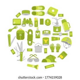 Camping equipment set. Circle. Hiking kit. Tourism travel trekking. Flat vector green colour illustration.