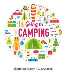 Camping equipment set circle infographics template concept. Icons for your product or design. Vector flat with long shadow illustration.