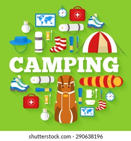 Camping equipment set circle infographics template concept. Icons for your product or design, web and mobile applications. Vector flat with long shadow illustration on blue background