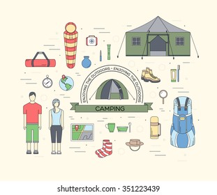 Camping equipment set circle infographics template concept. Icons design for your product or design, web and mobile applications. Vector flat with long shadow illustration on blue background
