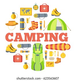 Camping equipment set circle infographics template concept. Icons for your product or design, web and mobile applications. Vector flat with long shadow illustration on blue background