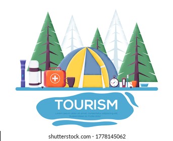 Camping equipment set flyer, magazines, poster, book cover, banners. Grain texture and noise effect. Tourism concept flyer, web banner, ui header, enter site.