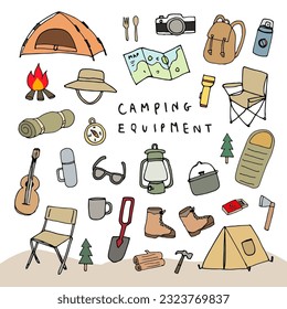 Camping equipment set. Hand drawn style vector illustration.