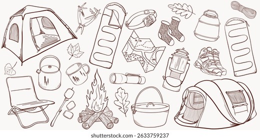 Camping Equipment Set. Line Art. Outdoor Adventure Collection. Camp Life Vector Illustrations. Tents, sleeping bags, hiking elements.