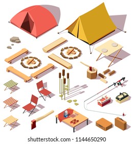 Camping equipment set. Low poly isometric 3d vector illustration.