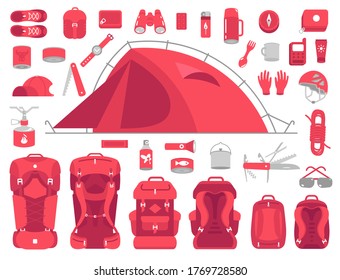 Camping equipment set. Mountain hike kit. Trekking outfit. Hiking tent. Backpack size. Tourism travel adventure. Flat vector red colour illustration.