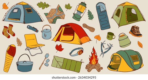 Camping Equipment Set. Outdoor Adventure Collection. Camp Life Vector Illustrations. Tents, sleeping bags, hiking elements, camp fire, chair.