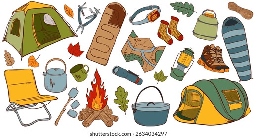 Camping Equipment Set. Outdoor Adventure Collection. Camp Life Vector Illustrations. Tents, sleeping bags, hiking elements.