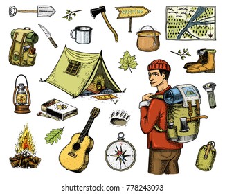 camping equipment set, outdoor adventure, hiking. Traveling man with luggage. tourism trip. engraved hand drawn in old sketch, vintage style. guitar and bear step, map and pointer. backpack and tent.