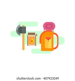 Camping Equipment Set Primitive Style Graphic Colorful Flat Vector Image On White Background