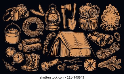 Camping equipment set sketch. Summer camp collection. Active holidays or local tourism concept. Vintage vector
