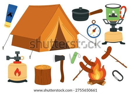 Camping equipment set with tent, campfire, gas stove, sausages on sticks, compass, mug, saucepan, axe, knife, mosquito repellent and carabiner. Outdoor adventure icons isolated on white background. Hiking and camping gear collection for travel design, trekking themes, survival kit concepts, outdoor tourism graphics, summer camp illustrations and nature adventure projects. Simple colorful vector elements suitable for banners, posters, infographics, travel blogs, camping guides and outdoor activity designs.
