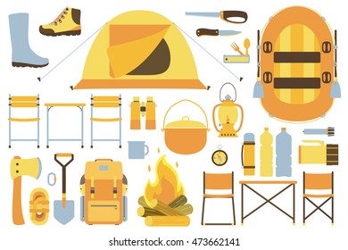 Camping equipment set. Vector illustration. Isolated on a white background.