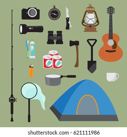 Camping equipment set vector illustration.