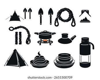 Equipo de camping Silueta Vector Set con tienda, cuerdas, herramientas, utensilios de cocina y al aire libre Essentials
