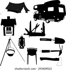 camping equipment silhouettes - vector