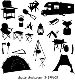 camping equipment silhouettes - vector