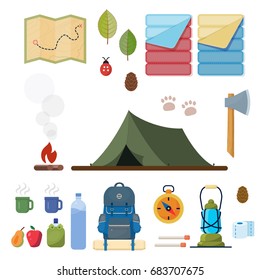 Camping equipment.  Tent, map, compass, backpack, lamp, sleeping bags, fire and other. Camping vector set.