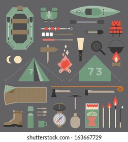 Camping equipment and tools. Flat objects, isolated on grey background. For travel and scout design.