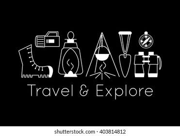 Camping equipment. Travel and explore concept. Black and white lined icons. Vector illustration