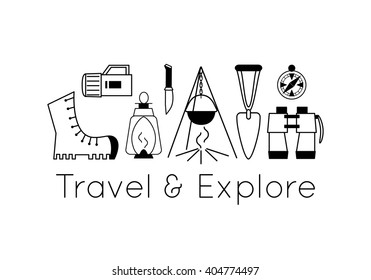 Camping equipment. Travel and explore concept. Black and white lined icons isolated on white. Vector illustration