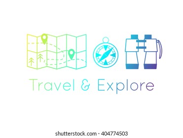 Camping equipment. Travel and explore concept. lined icons isolated on white. Vector illustration