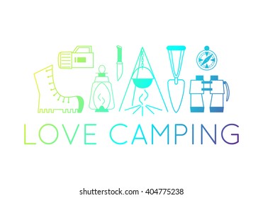 Camping equipment. Travel and explore concept. lined icons isolated on white. Vector illustration